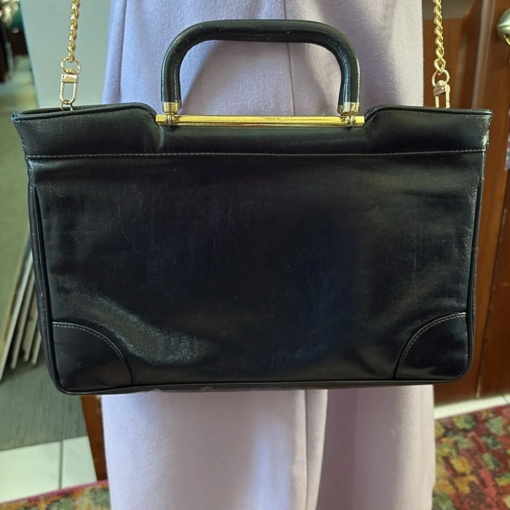 Vintage leather satchel  Crossbody bag  Navy blue  gold tone accents added chain